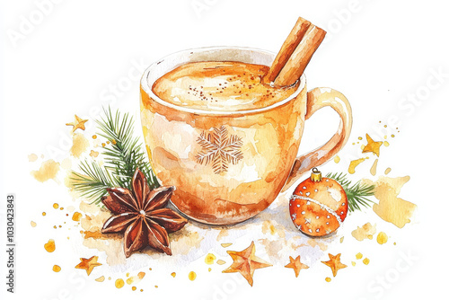 A cozy cup of warm beverage garnished with cinnamon sticks and surrounded by festive elements like stars and spices. photo