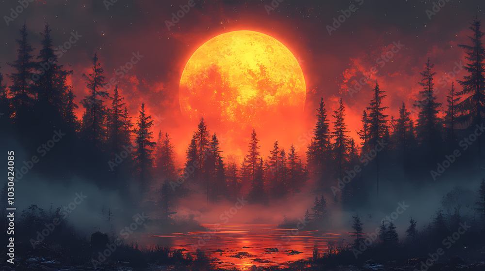 horror forest background, full moon above trees, apocalyptic scene horror forest background, full moon above trees, apocalyptic scene