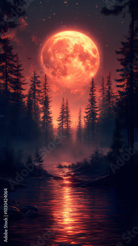 horror forest background, full moon above trees, apocalyptic scene