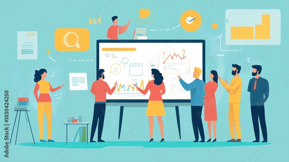 Marketing team working on a new project using a digital whiteboard Marketing team working on a new project using a digital whiteboard