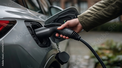 A hand connecting an electric vehicle charger in a residential parking area during the daytime