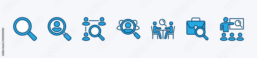 Set of search magnifying glass icon. Containing recruitment, hiring, look for people, teamwork, human resource, work, candidate, employee, job, occupation, addition. Vector illustration Set of search magnifying glass icon. Containing recruitment, hiring, look for people, teamwork, human resource, work, candidate, employee, job, occupation, addition. Vector illustration