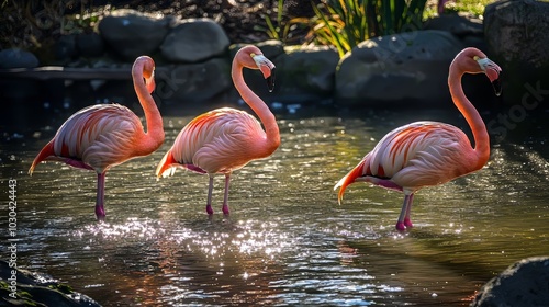 Pink flamingos stand gracefully in the shallow water, their feathers glowing in the sunlight. The calm lagoon reflects their beautiful colors.