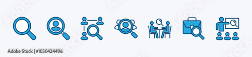 Set of search magnifying glass icon. Containing recruitment, hiring, look for people, teamwork, human resource, work, candidate, employee, job, occupation, addition. Vector illustration