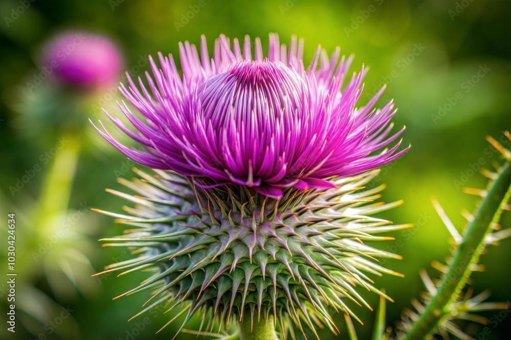 Close-up of purple thistle flower in bloom with nature background