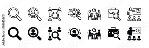 Search magnifying glass icon set. Containing recruitment, hiring, look for people, teamwork, human resource, work, candidate, employee, job, occupation, addition. Vector illustration