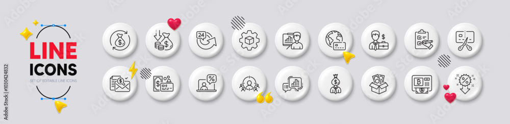 Internet pay, Manager and Presentation board line icons. White buttons 3d icons. Pack of Deflation, Business targeting, Card icon. Bankrupt, Bribe, Accounting report pictogram. Vector Internet pay, Manager and Presentation board line icons. White buttons 3d icons. Pack of Deflation, Business targeting, Card icon. Bankrupt, Bribe, Accounting report pictogram. Vector