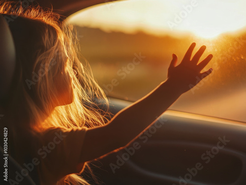 A carefree journey at sunset with flowing hair and a hand reaching out from a car window