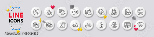 Internet pay, Manager and Presentation board line icons. White buttons 3d icons. Pack of Deflation, Business targeting, Card icon. Bankrupt, Bribe, Accounting report pictogram. Vector