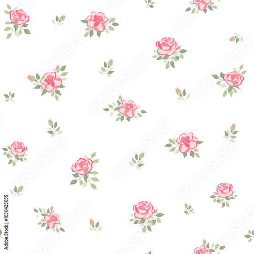 Vector illustration. Seamless pattern of delicate pink rose on a white background, blooming flowers. Cottagecore pattern. Printing on textiles, for packaging, fabric design, sublimation printing