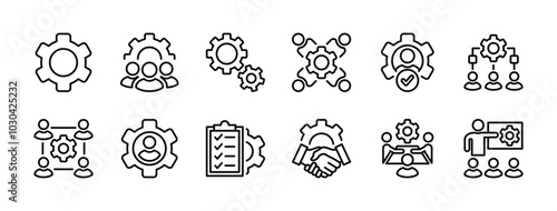 Business settings thin line icon set. Gear or cog option. Containing management, teamwork, occupation, action plan, tasks, collaboration, organization, handshake, resource, meeting, team. vector