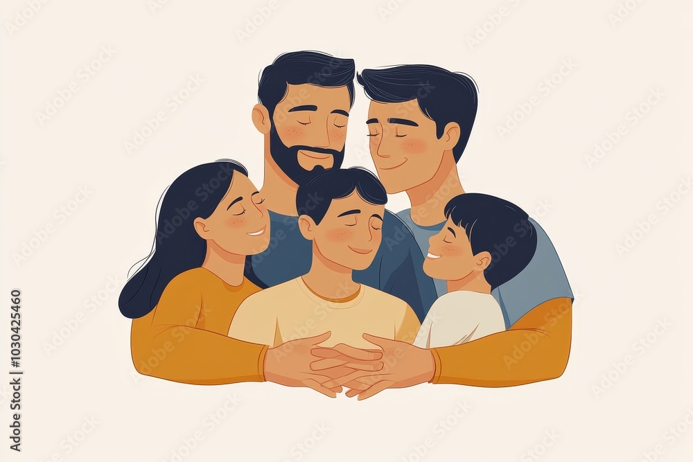 Flat illustration of a happy family of five with parents and three children all hugging each other affectionately surrounded by a simple neutral toned background Flat illustration of a happy family of five with parents and three children all hugging each other affectionately surrounded by a simple neutral toned background