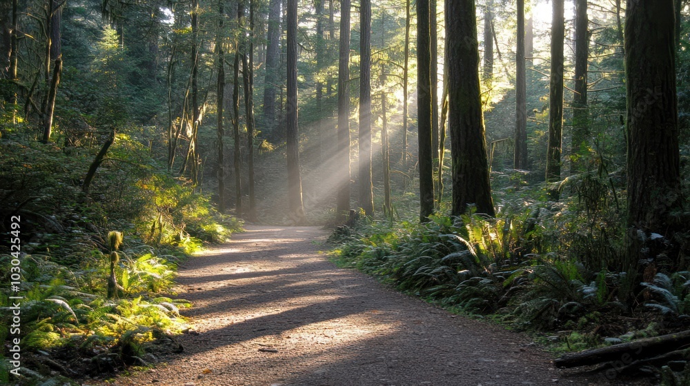 Obraz premium Path through a dense forest with sunlight streaming through tall trees