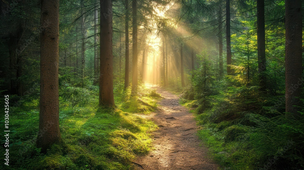 Obraz premium Path through a dense forest with sunlight streaming through tall trees