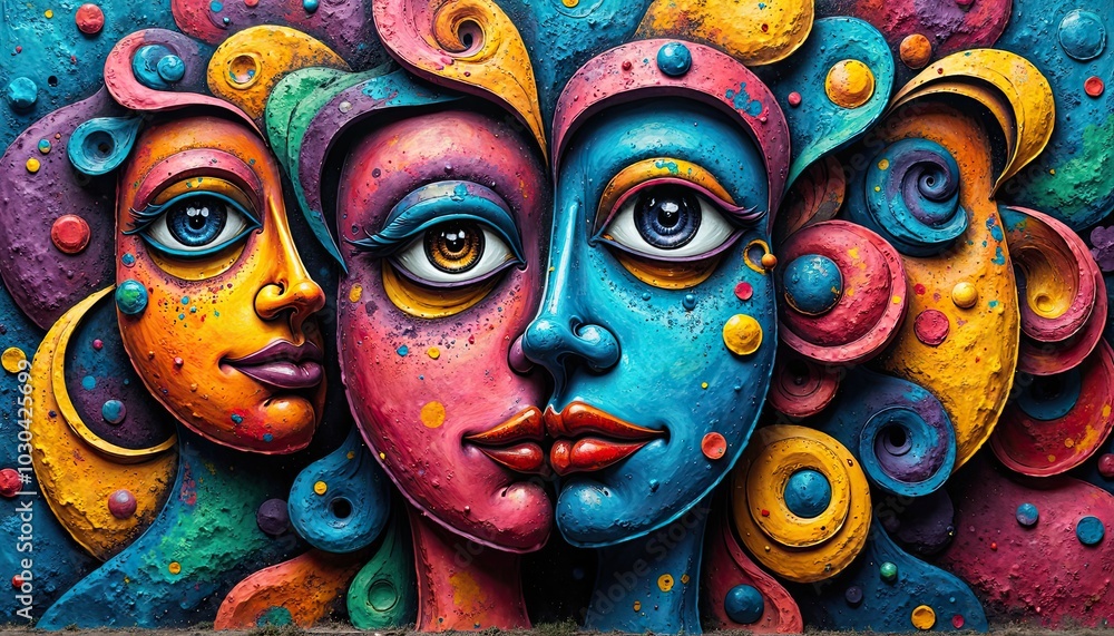 Colorful Street Art on a Vibrant City Wall, Featuring Abstract Faces and Geometrical Patterns Colorful Street Art on a Vibrant City Wall, Featuring Abstract Faces and Geometrical Patterns