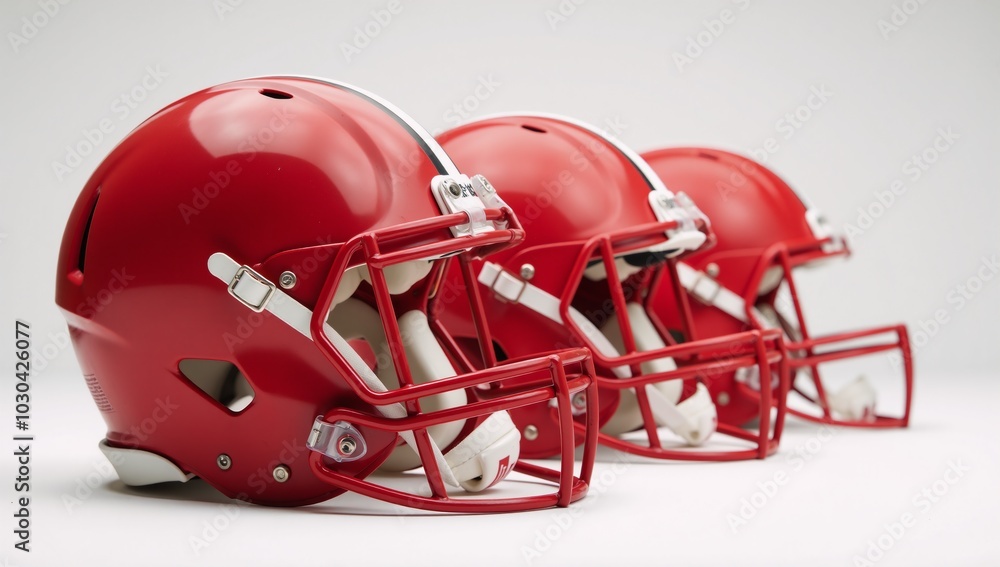 Fototapeta premium Medium-shot image featuring red American football helmets against a white backdrop