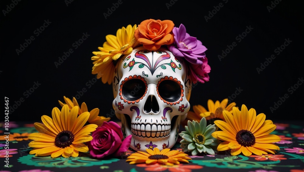 Day of the Dead theme Skull and vibrant floral arrangements against a dark backdrop Copy Space Day of the Dead theme Skull and vibrant floral arrangements against a dark backdrop Copy Space