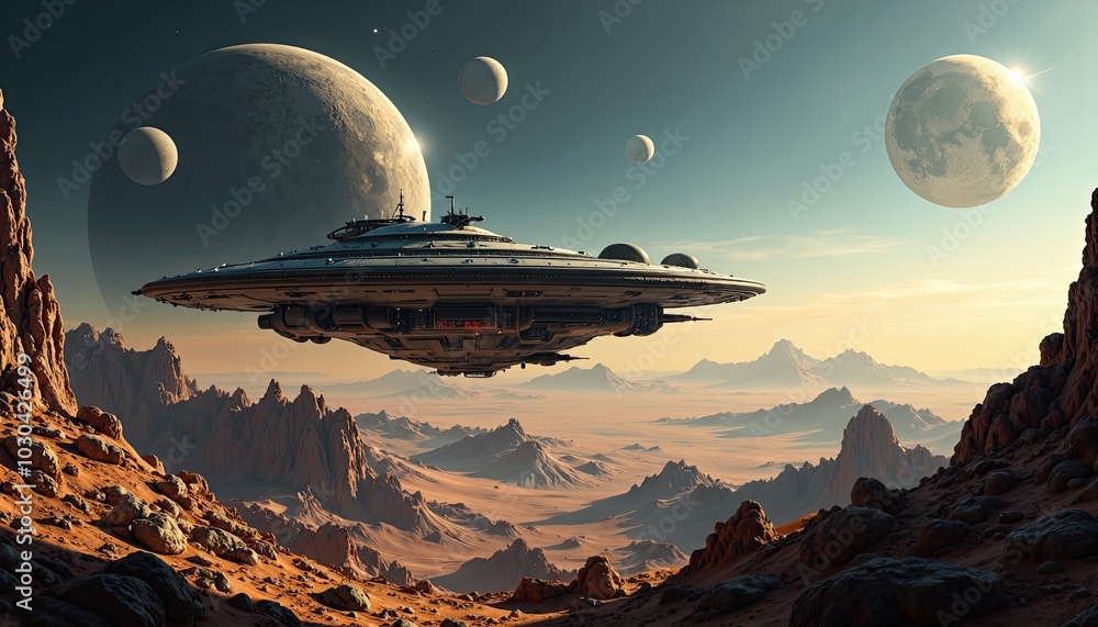 A Futuristic Space Station Floating Above an Alien Planet with Multiple Moons in the Sky A Futuristic Space Station Floating Above an Alien Planet with Multiple Moons in the Sky