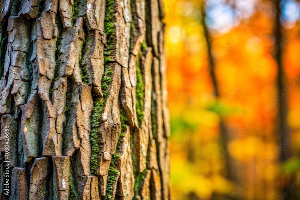 Tree bark close-up with autumn forest background showcasing textures Tree bark close-up with autumn forest background showcasing textures