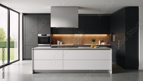 A sleek modern minimalist kitchen in shades of white and anthracite featuring wood backsplashes and a concrete floor photo