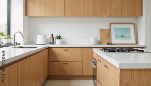 Sketch of a modern kitchen with wood and white tones interior design