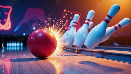 A brightly colored cartoony image of a bowling ball knocking over pins in an alley photo