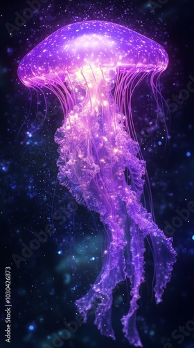 A purple jellyfish with a glowing blue center. The jellyfish is surrounded by a dark background with a few stars