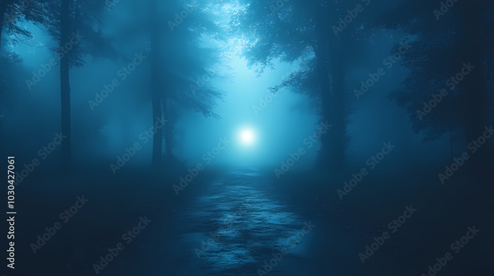 Fototapeta premium strange light in paranormal forest landscape at night