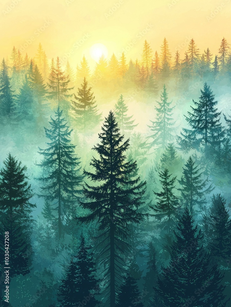 Fototapeta premium Misty Coniferous Forest Landscape with Silhouetted Pine Trees at Sunrise or Sunset