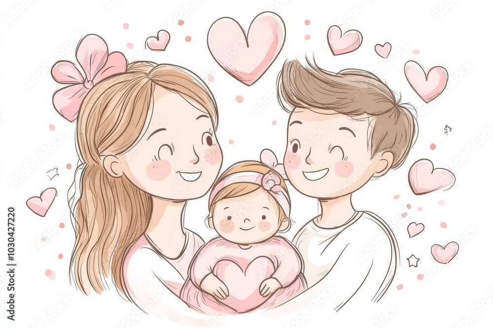 Cute cartoon style family portrait featuring two parents holding their baby in a heart filled background expressing love care and family togetherness in soft pastel tones Cute cartoon style family portrait featuring two parents holding their baby in a heart filled background expressing love care and family togetherness in soft pastel tones