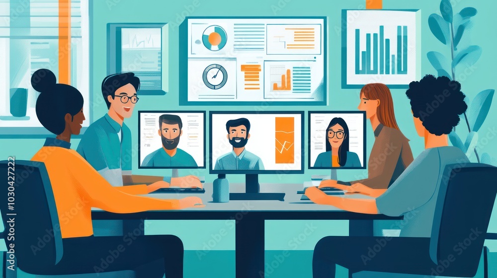 Remote team members joining a corporate meeting via video conference Remote team members joining a corporate meeting via video conference