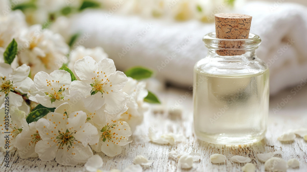 A calming display of essential oil and blossoms on a wooden surface, inviting a serene fragrance experience A calming display of essential oil and blossoms on a wooden surface, inviting a serene fragrance experience