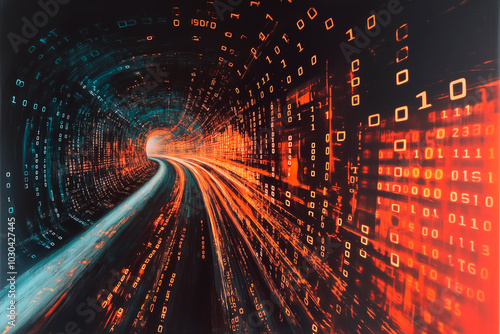 uturistic tunnel with binary code and data flow in orange and blue tones