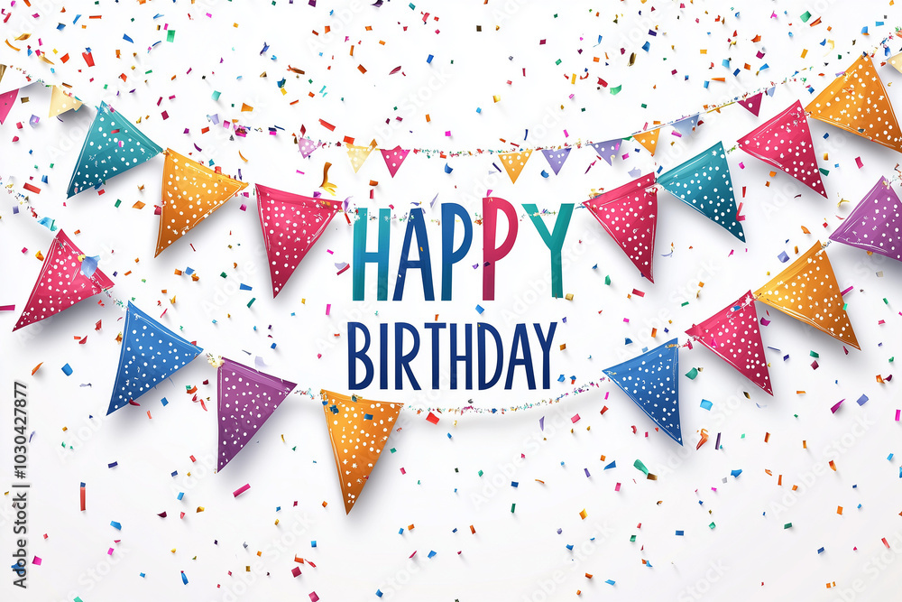 Obraz premium A colorful banner with a white background that says Happy Birthday. The banner is decorated with colorful flags and confetti