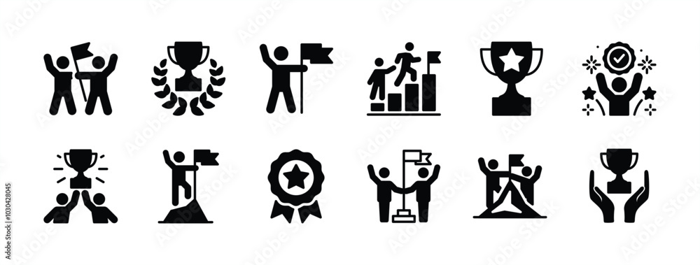 Business achievement flat icon set. Containing award, winner, reward, trophy, goal, success, victory, growth, mountain peak, teamwork, career, celebration, accomplishment, triumph. Vector illustration Business achievement flat icon set. Containing award, winner, reward, trophy, goal, success, victory, growth, mountain peak, teamwork, career, celebration, accomplishment, triumph. Vector illustration