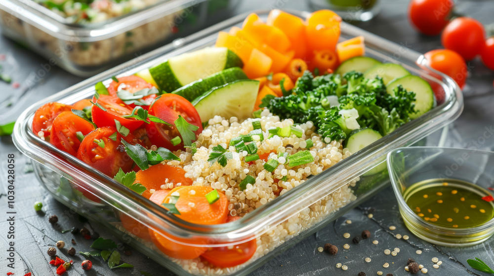 A nutritious lunchbox filled with quinoa, fresh vegetables, and a flavorful dressing for a healthy midday meal A nutritious lunchbox filled with quinoa, fresh vegetables, and a flavorful dressing for a healthy midday meal