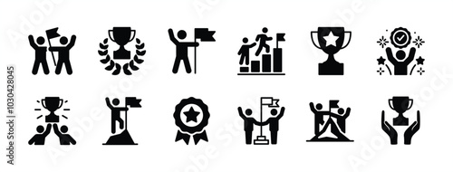 Business achievement flat icon set. Containing award, winner, reward, trophy, goal, success, victory, growth, mountain peak, teamwork, career, celebration, accomplishment, triumph. Vector illustration