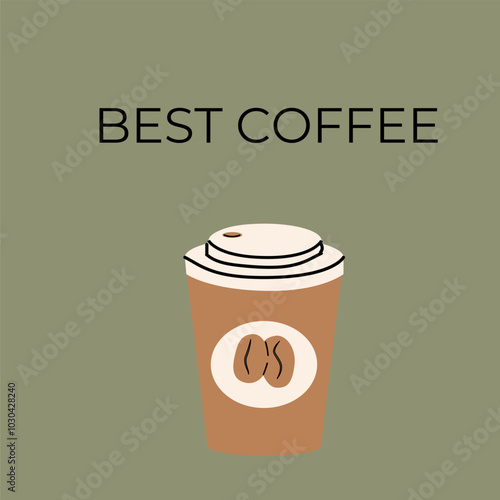 Coffee sale label or banner square template. Retro design, flat illustration. Coffee cup on green background.