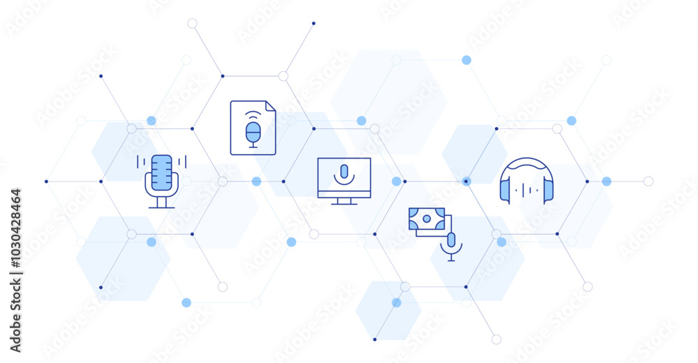 Podcast Banner Vector Illustration with Icon Style in Between. Line Duotone icon. Containing podcast, headphone, microphone, file Podcast Banner Vector Illustration with Icon Style in Between. Line Duotone icon. Containing podcast, headphone, microphone, file