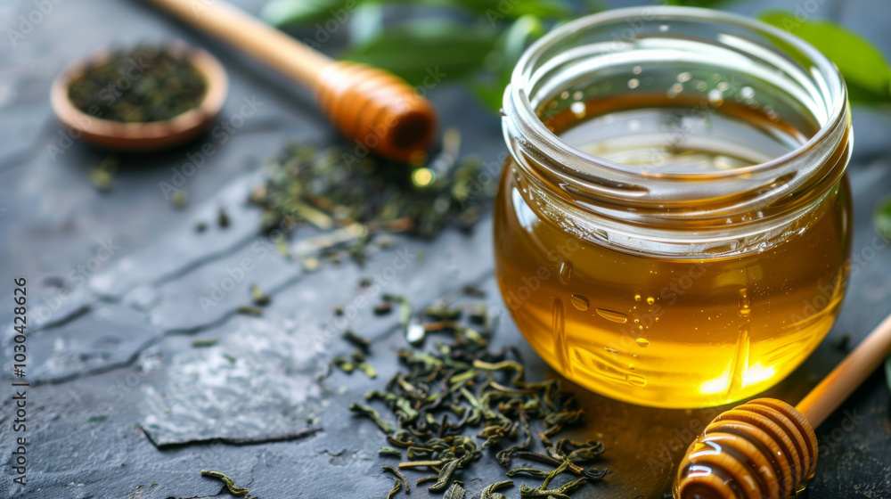 A jar of honey with a wooden dipper alongside fresh green tea leaves on a rustic surface in a cozy setting A jar of honey with a wooden dipper alongside fresh green tea leaves on a rustic surface in a cozy setting