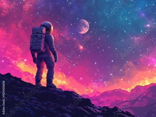 an astronaut exploring a vibrant, colorful lunar landscape, with a cosmic backdrop filled with stars and planets, illustrating the wonder and adventure of space exploration