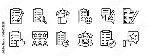 Evaluation thin line icon set. Containing checklist, feedback, verify, check, thumb up, rating, star, examine, checkmark, tick, opinion, research, review, satisfaction, result, inspection. Vector