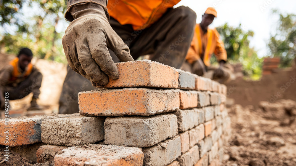 Workers stacking bricks to construct a new building in a sunny outdoor setting Workers stacking bricks to construct a new building in a sunny outdoor setting