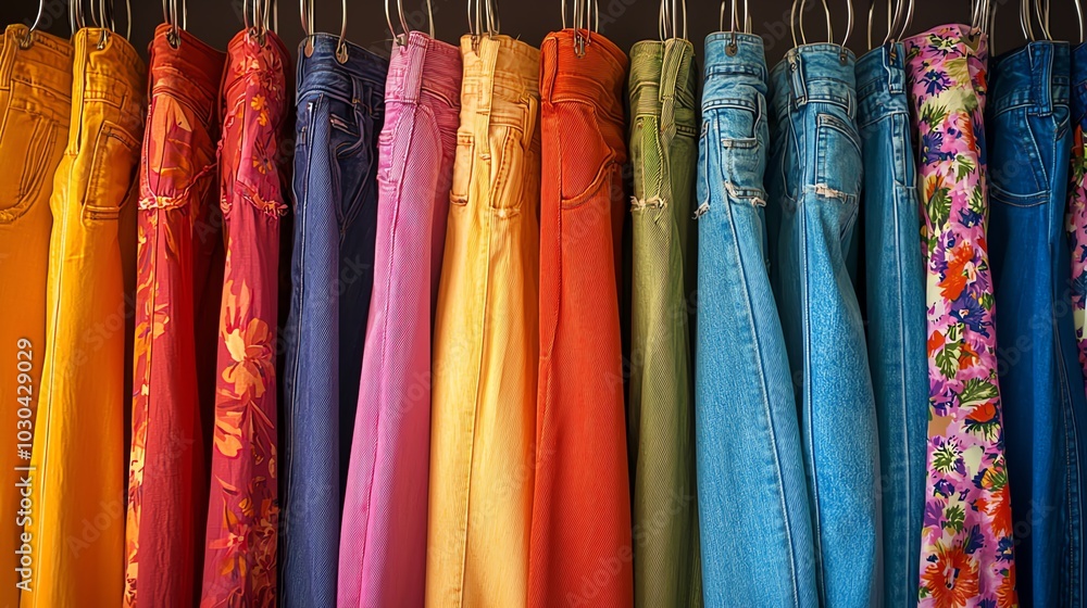 Colorful display of jeans hanging on a rack, showcasing various styles and patterns. Colorful display of jeans hanging on a rack, showcasing various styles and patterns.