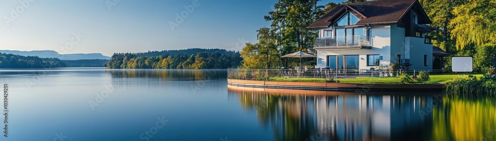 A peaceful lakeside home with a security system sign, trust in safety and peace of mind, Security, Peace, Trust