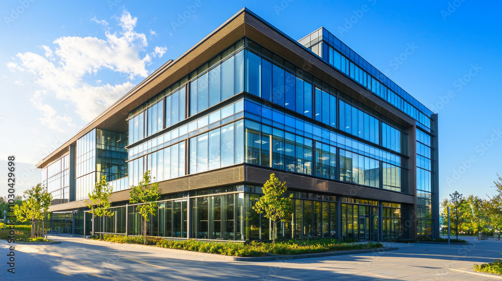 Modern office building with expansive glass facade reflecting blue sky in a vibrant urban environment Modern office building with expansive glass facade reflecting blue sky in a vibrant urban environment