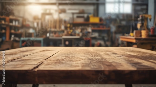 Wooden Table in Workshop with Warm Lighting