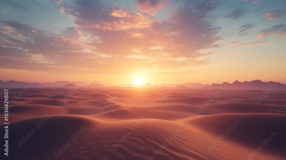 Sunrise over a vast desert with sand dunes stretching to the horizon Sunrise over a vast desert with sand dunes stretching to the horizon