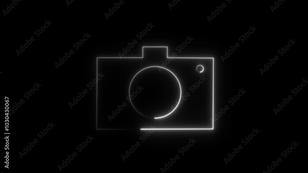 Glowing Neon camera icon animated on black background. Glowing Neon camera icon animated on black background.