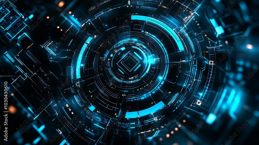Obraz premium This futuristic design uses dark blue and light effects to represent cybersecurity and technology. It's perfect for websites and presentations about computers, networks, and data.